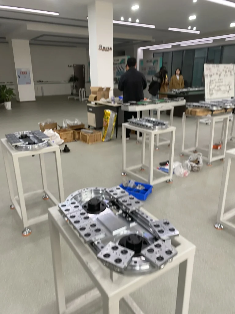 Track modules on stands in the assembly and demonstration area