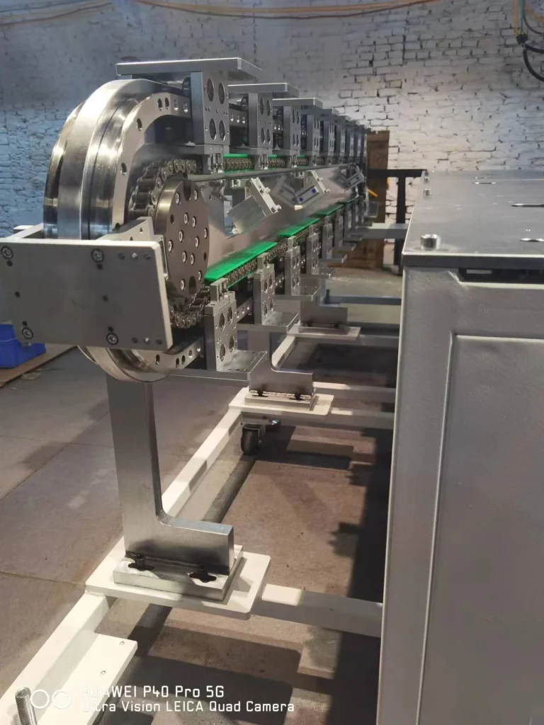 Side view of an upright track assembly on its support frame