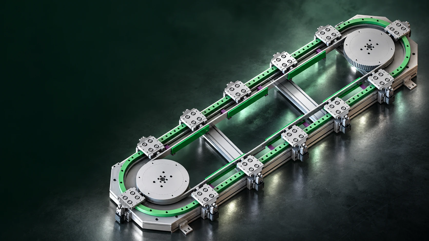 Concept visualization of a custom oval track conveyor based on the SANJ product catalogue.