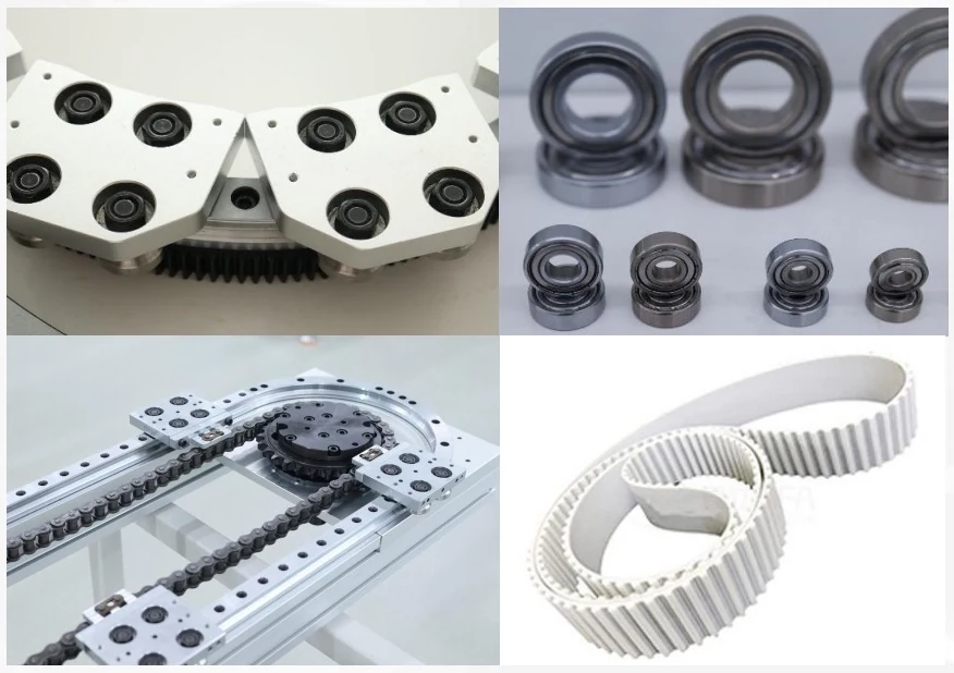 Drive and connection components for a guided track assembly.