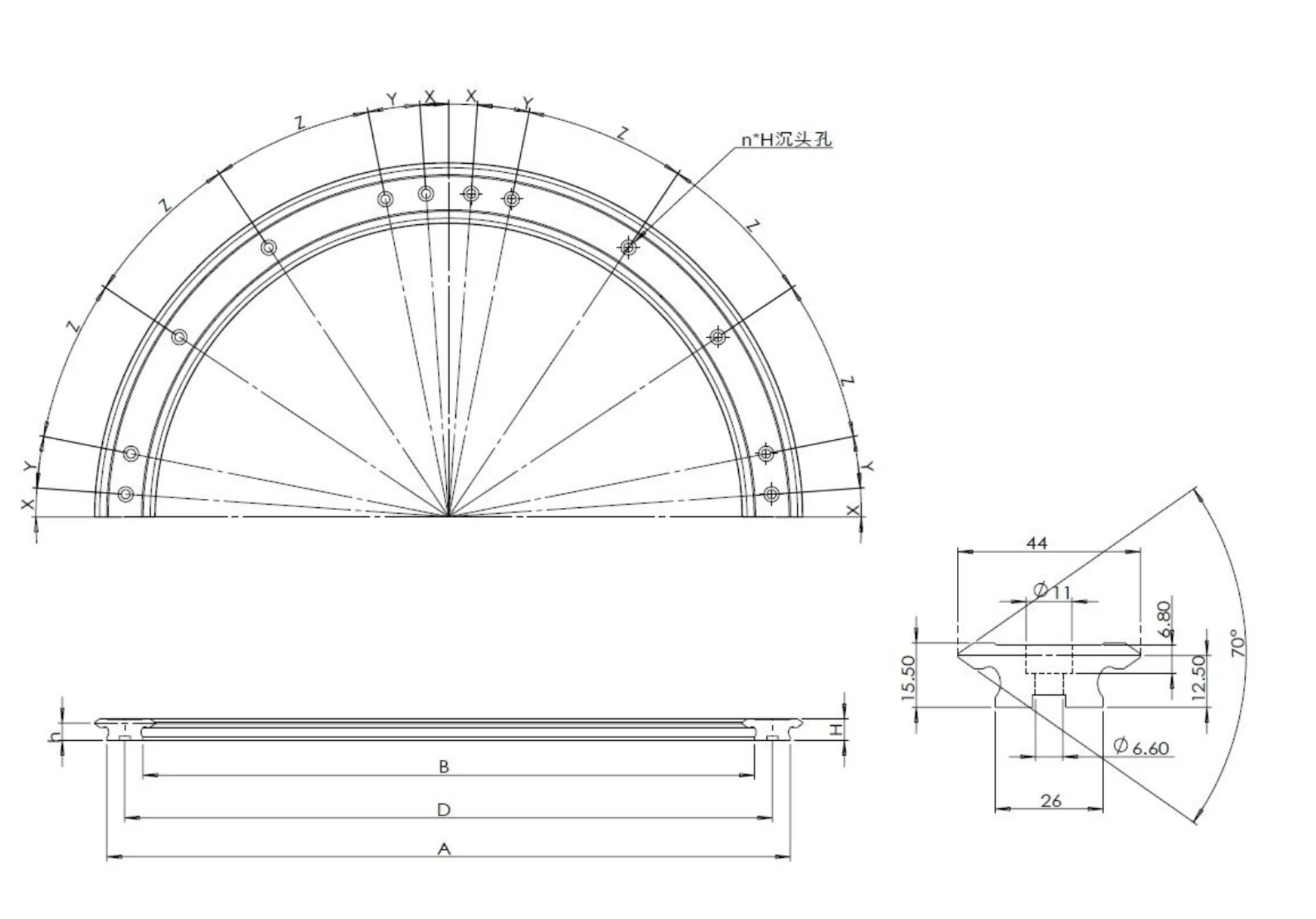 GV44C curved guide rail dimensional drawing.