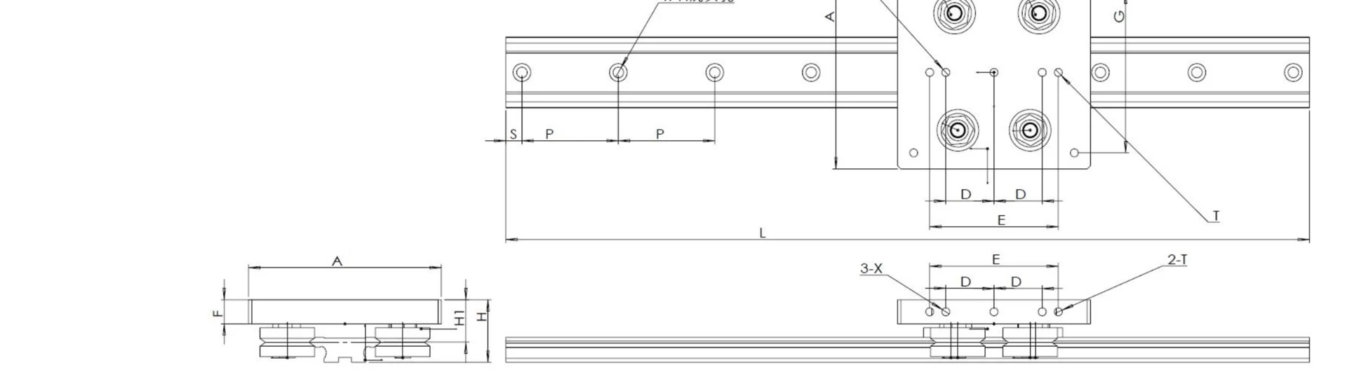 GV44C straight guide rail and carriage dimensional drawing.