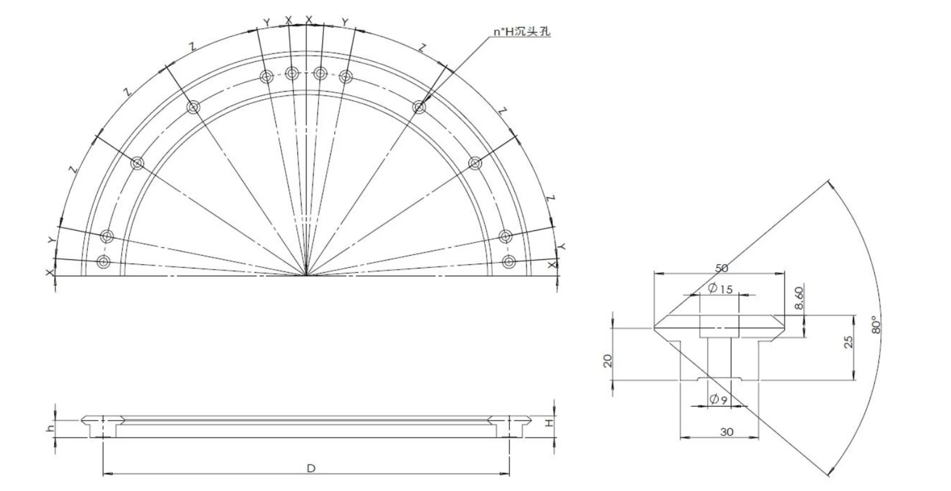 GV50C curved guide rail dimensional drawing.