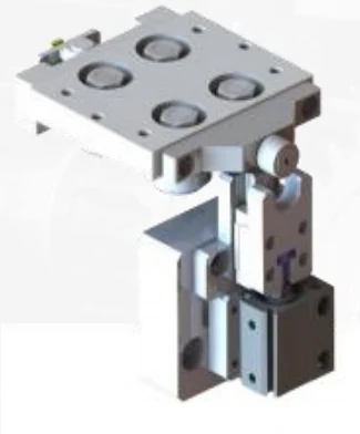 Lifting positioning mechanism for a track conveyor station.