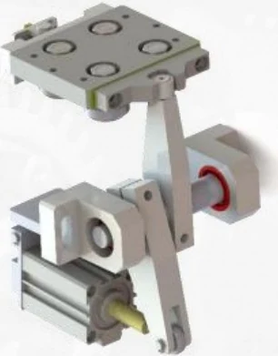 Swing-arm positioning mechanism for a track conveyor station.