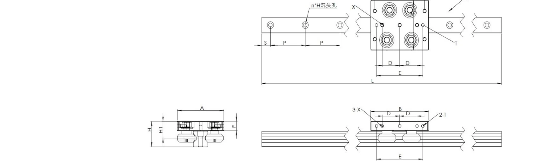 T23-24 straight guide rail and carriage dimensional drawing.