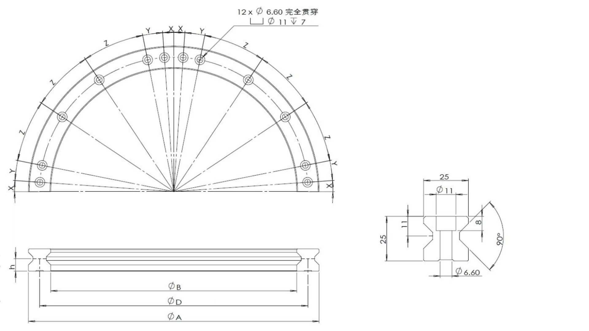T25GR curved guide rail dimensional drawing.