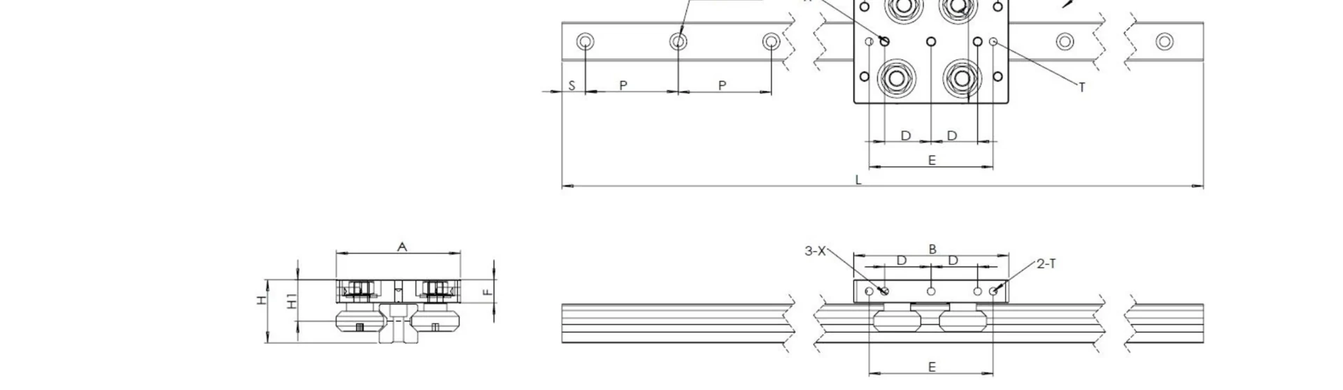 T25GR straight guide rail and carriage dimensional drawing.