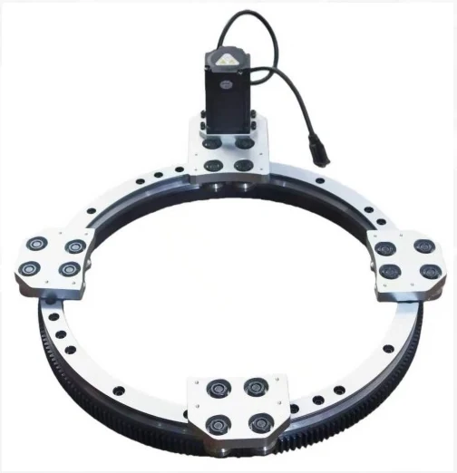 Toothed circular ring guide with roller carriages and a servo interface.